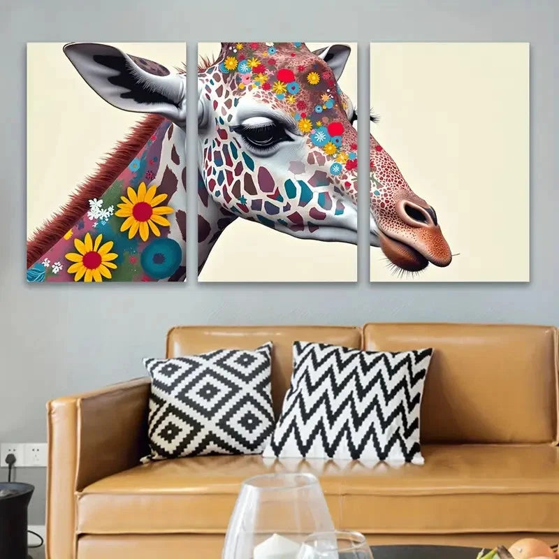 3pcs Vibrant Giraffe With Floral Patterns Wall Art Set Canvas Framed 40x60cm - High Quality Print 100% Australian Made Wall Canvas Ready to Hang