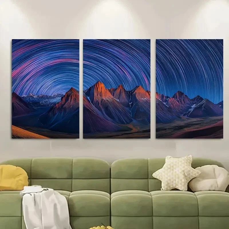 3pcs Night Sky Over Moonlit Mountain Range Metal Print Ready to Hang Art