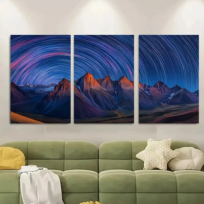 3pcs Night Sky Over Moonlit Mountain Range Metal Print Ready to Hang Art