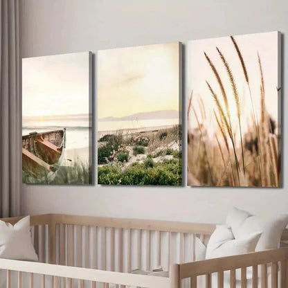 3pcs Sunset and Boats on The Coast Wall Art Canvas Unframed - High Quality Print 100% Australian Made Wall Canvas