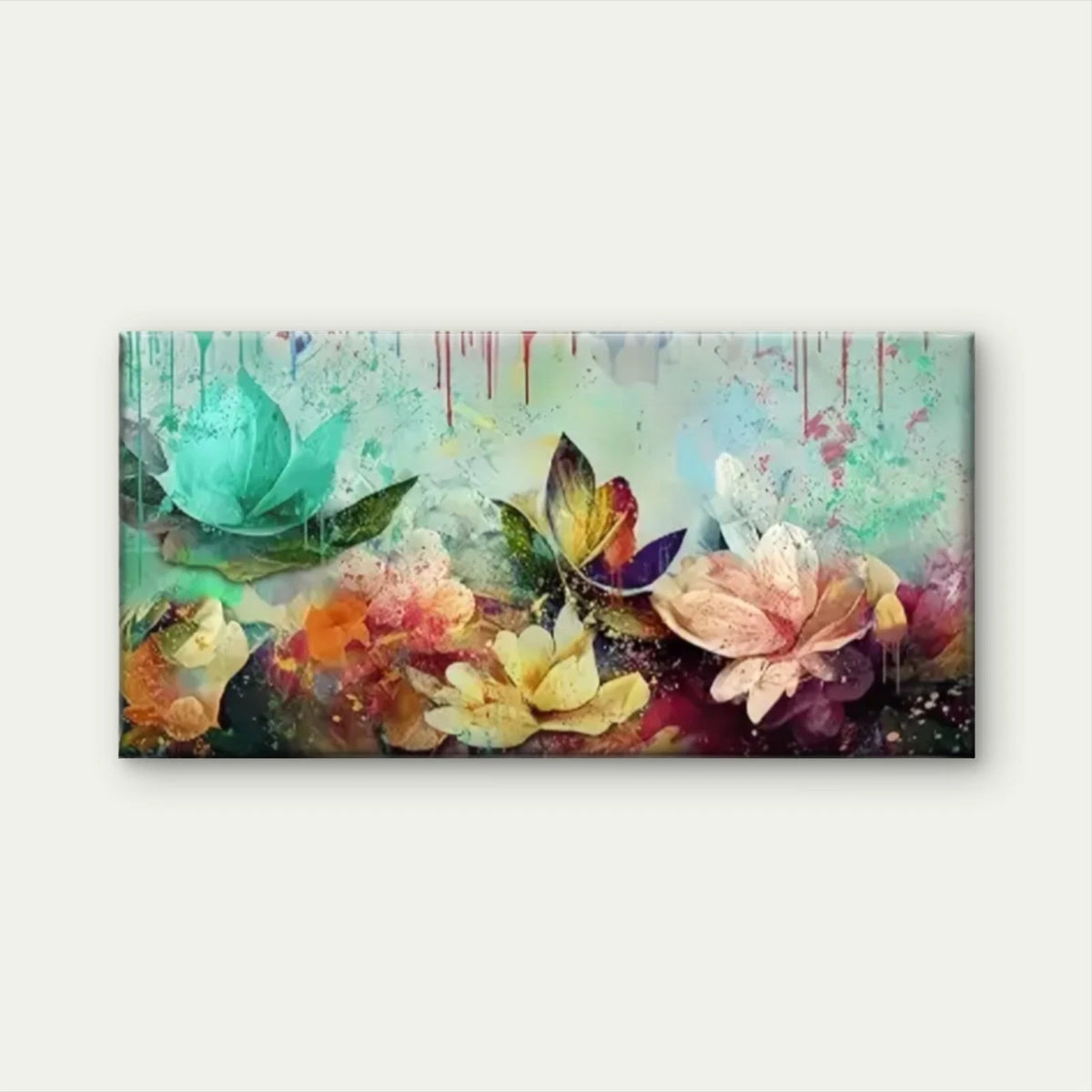 Vibrant Floral Teal Flowers Wall Art Canvas Office Home Room Framed 120x60cm