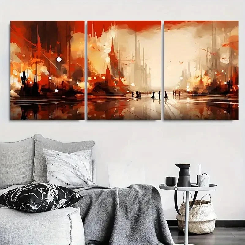 3pcs Dynamic Red Orange SciFi City Metal Print Ready to Hang Art - Bella Home Decor