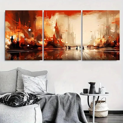3pcs Dynamic Red Orange SciFi City Metal Print Ready to Hang Art - Bella Home Decor