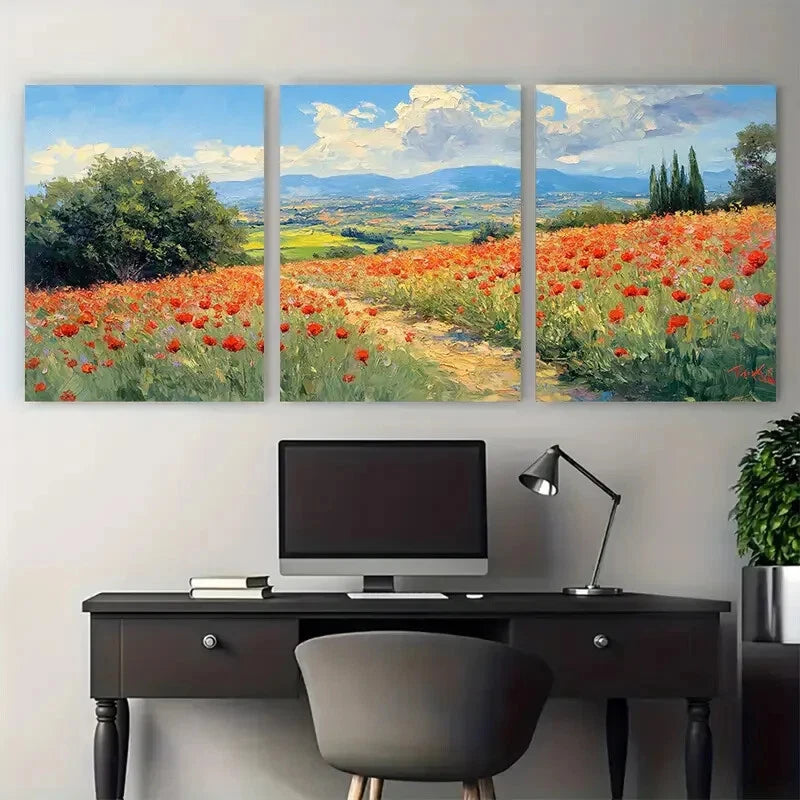 3pcs Tuscany Italy Countryside Poppy Fields Metal Print Ready to Hang Art - Bella Home Decor
