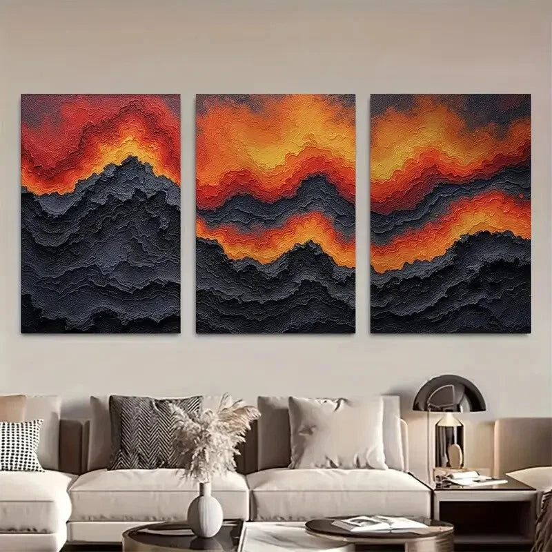 3pcs Abstract Geologic Flow in Red Black Yellow Metal Print Ready to Hang Art - Bella Home Decor