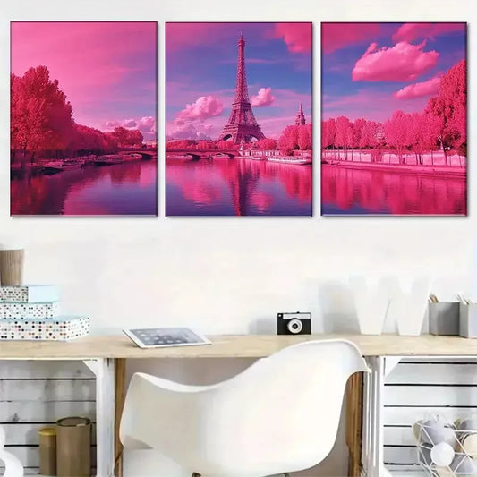 3pcs Pink Parisian Eiffel Tower Triptych Wall Art Set Canvas Framed 40x60cm - High Quality Print 100% Australian Made Wall Canvas Ready to Hang