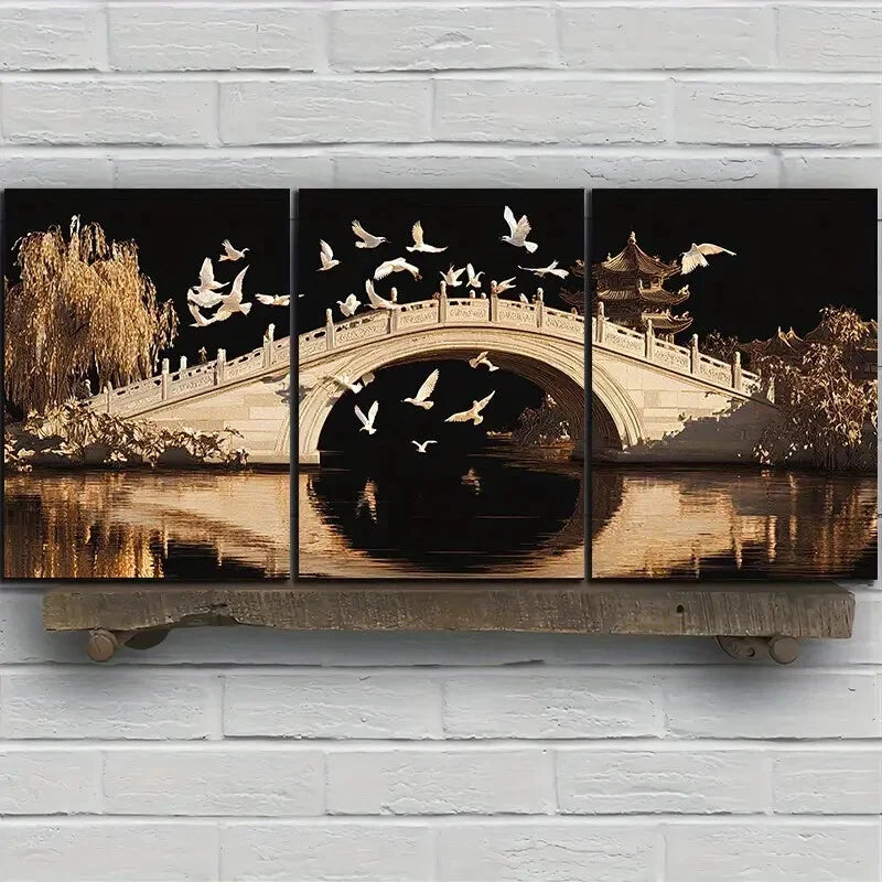 3pcs Beautiful Arch Bridge Flying Birds Metal Print Ready to Hang Art - Bella Home Decor