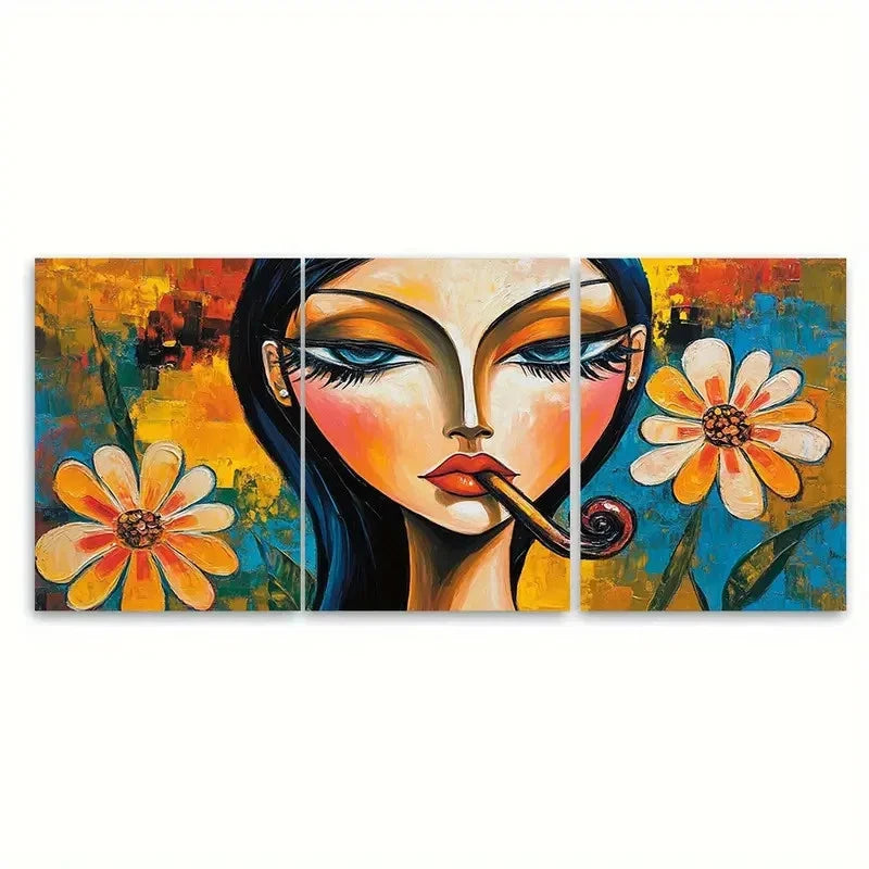 3pcs Abstract Woman Smoking Portrait with Floral Wall Art Set Canvas Framed 60x90cm - High Quality Print 100% Australian Made Wall Canvas Ready to Hang - Bella Home Decor