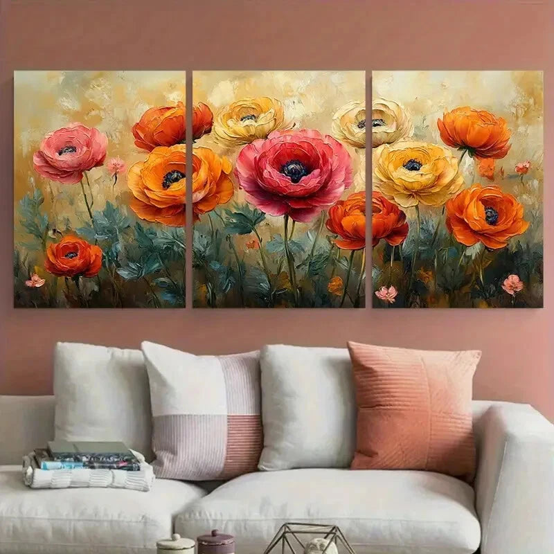 3pcs Ranunculus Flowers Textured Illustration Metal Print Ready to Hang Art - Bella Home Decor