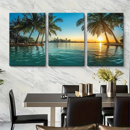 3pcs Brisbane Tropical Palm Tree Cityscape Wall Art Set Canvas Framed 40x60cm - High Quality Print 100% Australian Made Wall Canvas Ready to Hang - Bella Home Decor