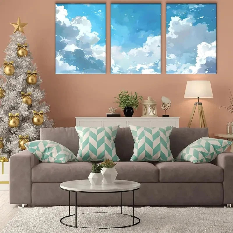 3pcs Painting Blue Sky & White Clouds Metal Print Ready to Hang Art - Bella Home Decor