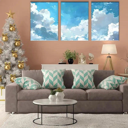 3pcs Painting Blue Sky & White Clouds Metal Print Ready to Hang Art - Bella Home Decor