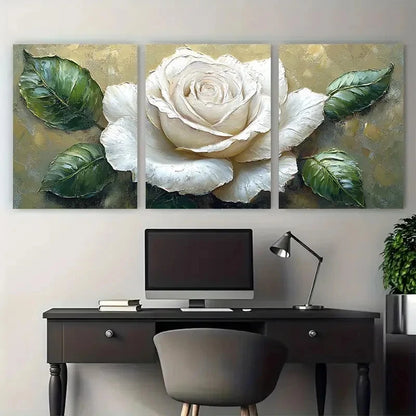 3pcs White Rose with Green Leaves Modern Spring Metal Print Ready to Hang Art