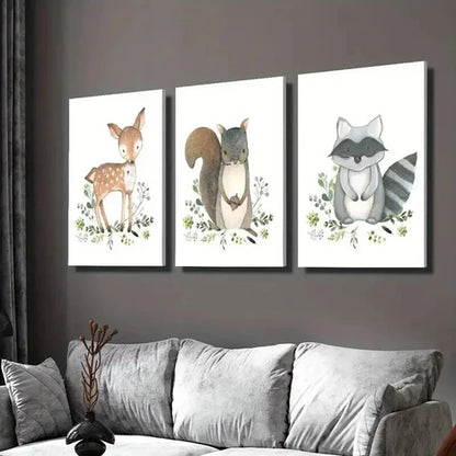 3pcs Cute Baby Deer Squirrel Raccoon Wall Art Set Canvas Unframed - High Quality Print 100% Australian Made Wall Canvas - Bella Home Decor