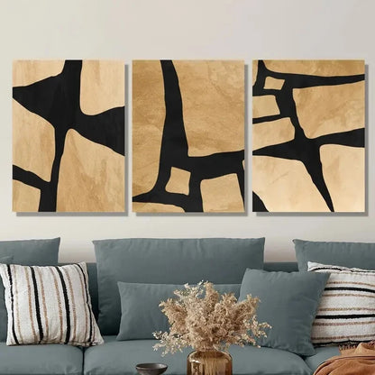 3pcs Geometric Abstract Lines in Beige And Black Metal Print Ready to Hang Art