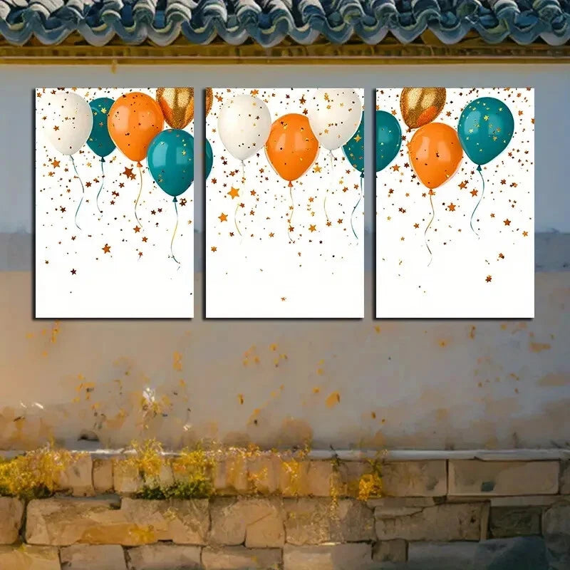 3pcs Vibrant Golden Star and Balloon Design Metal Print Ready to Hang Art - Bella Home Decor