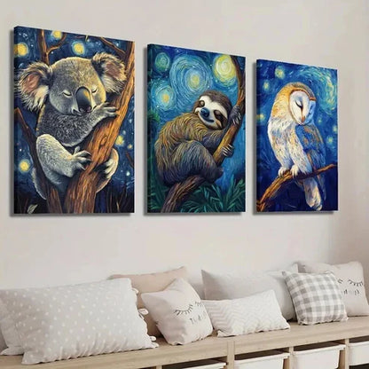 3pcs Koala Sloth Owl Sleeping in Starry Night  Wall Art Set Canvas Unframed - High Quality Print 100% Australian Made Wall Canvas