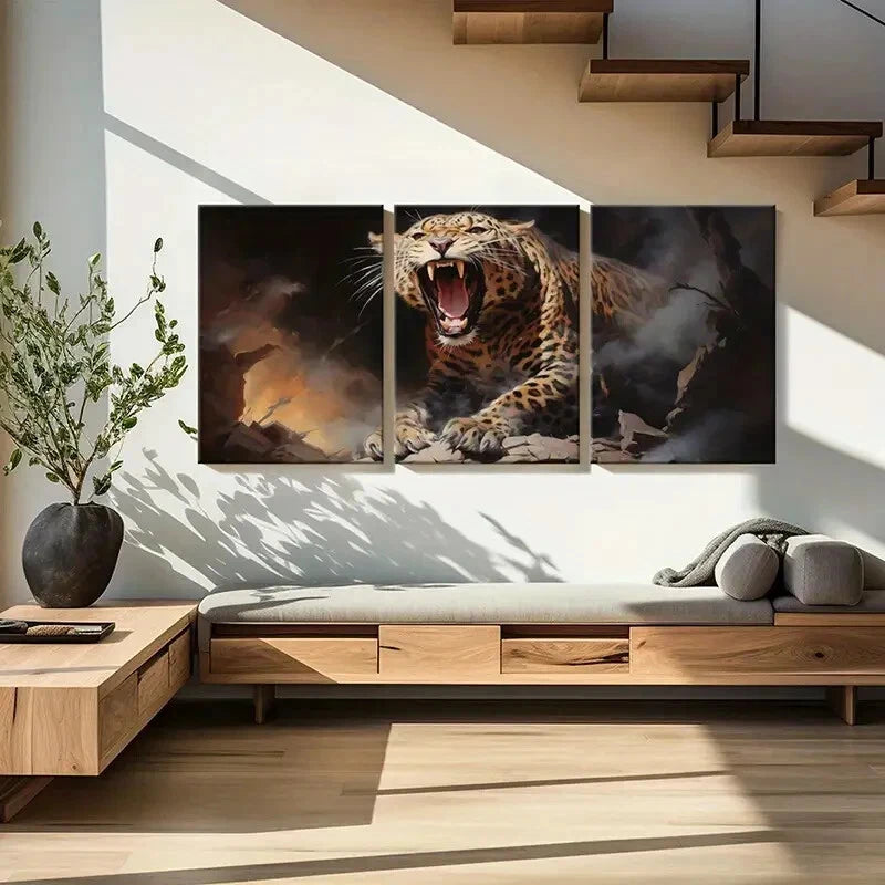 3pcs Raging Leopard Fiery Animal Art Metal Print Ready to Hang Art - Bella Home Decor