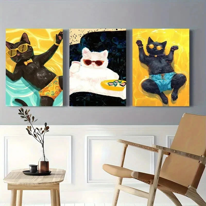 3pcs Fun Cat with Stylish Glasses and Swim Trunks Metal Print Ready to Hang Art - Bella Home Decor
