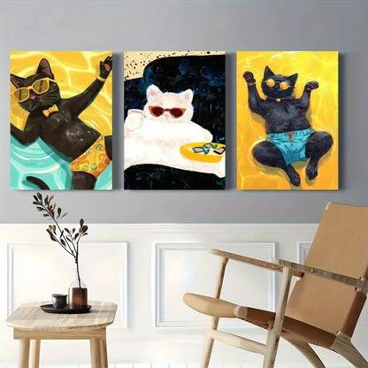 3pcs Fun Cat with Stylish Glasses and Swim Trunks Metal Print Ready to Hang Art - Bella Home Decor