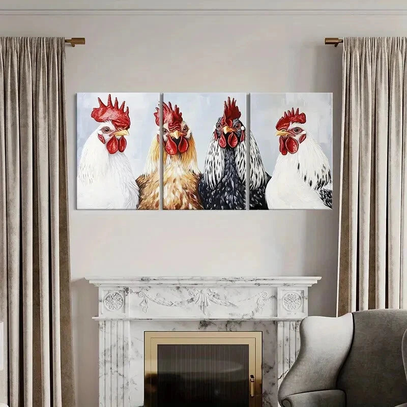 3pcs Roosters Vibrant Colors Detailed Feathers Metal Print Ready to Hang Art - Bella Home Decor