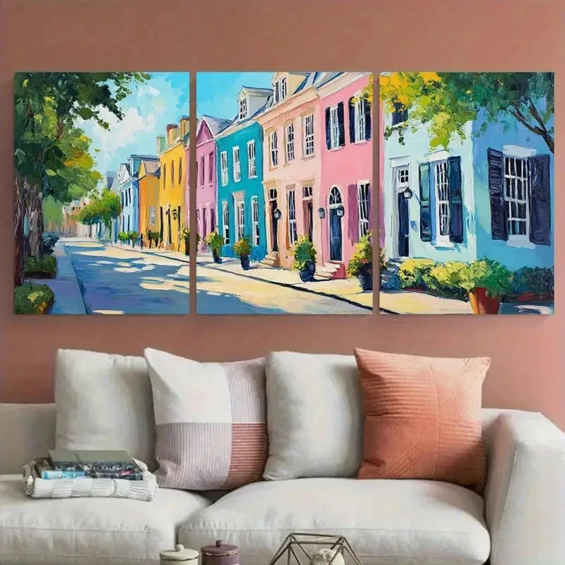 3pcs Vibrant Charleston City House Portrait Metal Print Ready to Hang Art - Bella Home Decor