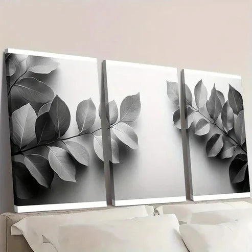 3pcs Black & White Botanical Leaves Durable &S Wall Art Set Canvas Unframed - High Quality Print 100% Australian Made Wall Canvas - Bella Home Decor