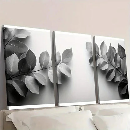 3pcs Black & White Botanical Leaves Durable &S Wall Art Set Canvas Unframed - High Quality Print 100% Australian Made Wall Canvas - Bella Home Decor