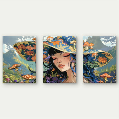 3pcs Cute Fantasy Girl with Floral Hat Wall Art Set Canvas Framed 40x60cm - High Quality Print 100% Australian Made Wall Canvas Ready to Hang