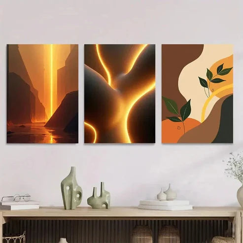 3pcs Modern Abstract Golden Landscape Vibrant Art Set Canvas Unframed - High Quality Print 100% Australian Made Wall Canvas