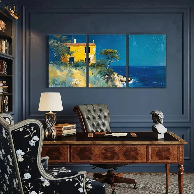 3pcs Artistic Coastal Landscape Yellow House Metal Print Ready to Hang Art - Bella Home Decor