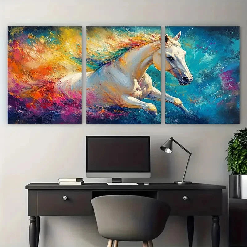 3pcs Vibrant Equine with Colorful Highlights Metal Print Ready to Hang Art - Bella Home Decor