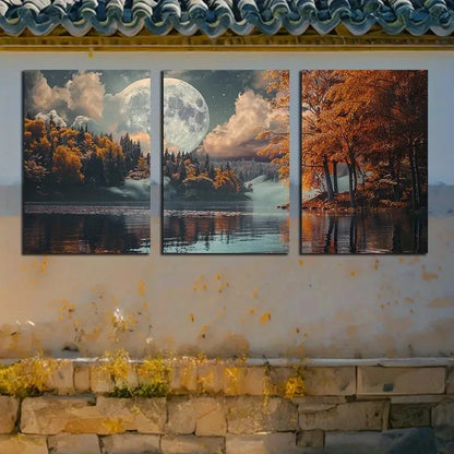 3pcs Full Moon in The Sky Over An Autumn Forest Metal Print Ready to Hang Art - Bella Home Decor