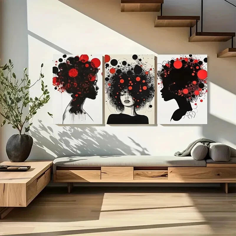 3pcs Abstract Beautiful African Girl Black Fashion Metal Print Ready to Hang Art - Bella Home Decor