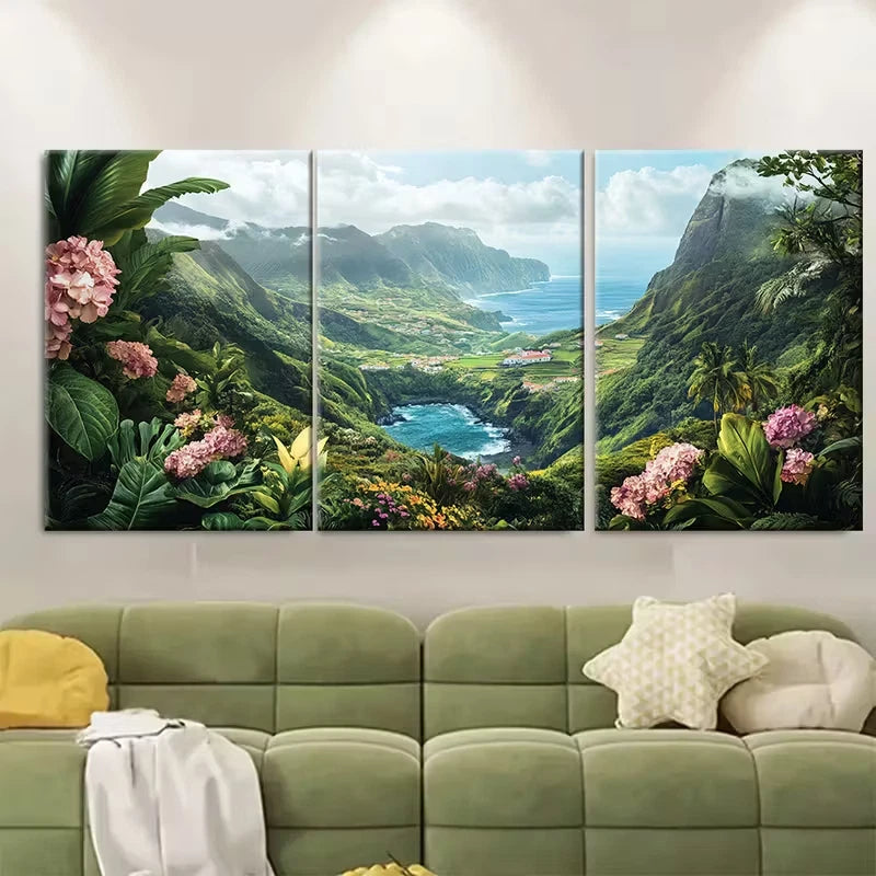 3pcs Vibrant Floral and Mountain Design Metal Print Ready to Hang Art