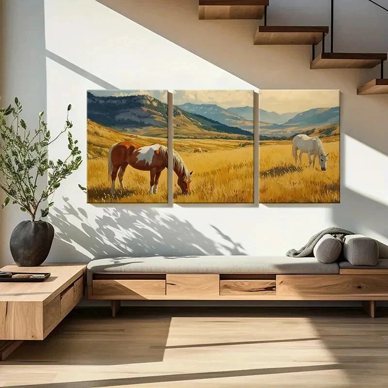 3pcs Rustic Horse and Mountain Landscape Metal Print Ready to Hang Art - Bella Home Decor