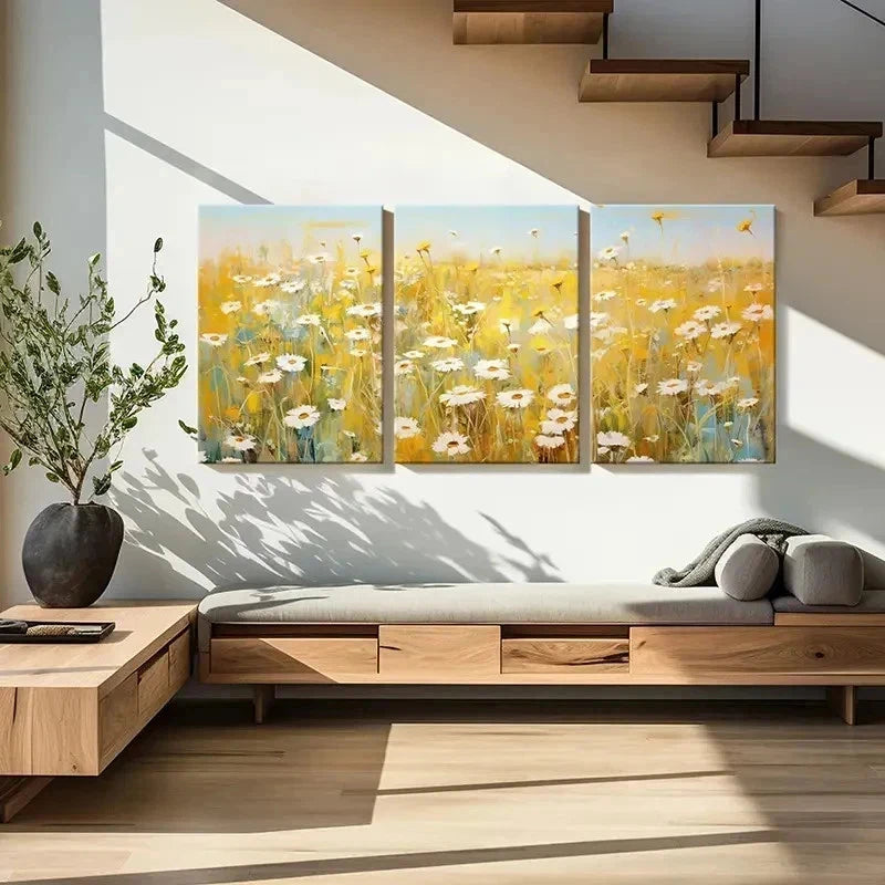 3pcs Daisy Flower Fields Landscape Wall Art Set Canvas Framed 60x90cm - High Quality Print 100% Australian Made Wall Canvas Ready to Hang - Bella Home Decor