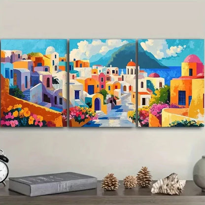 3pcs Greek island style town Wall Art Set Canvas Unframed - High Quality Print 100% Australian Made Wall Canvas