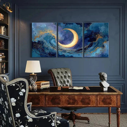 3pcs Moonlit Ocean Waves Abstract Art Starry Night Metal Print Ready to Hang Art - Bella Home Decor