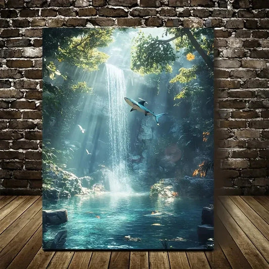 Dreamlike Shark & Crystal Waterfall Painting 40x60cm Metal Print Ready to Hang - Bella Home Decor