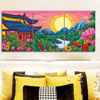 3pcs Colorful ancient Chinese buildings Wall Art Canvas Unframed - High Quality Print 100% Australian Made Wall Canvas