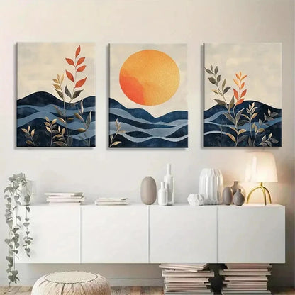 3pcs Sun & Plant Silhouettes Modern Metal Print Ready to Hang Art - Bella Home Decor