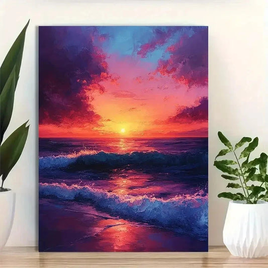 Beautiful Purple Pink Orange Blue Seascape Painting 40x60cm Metal Print Ready to Hang