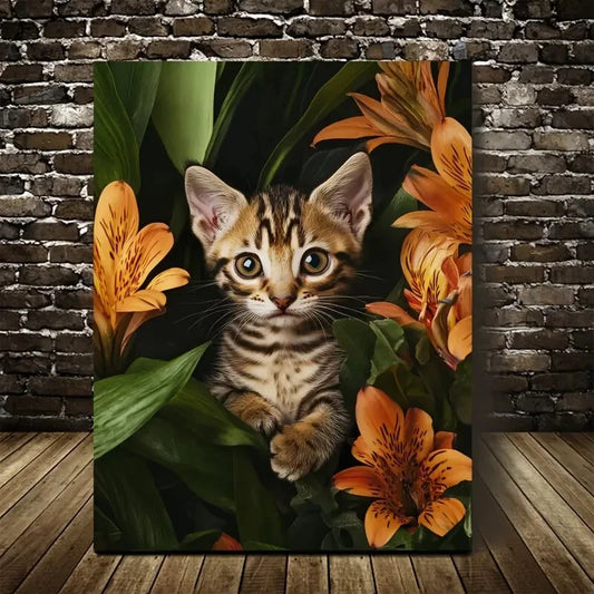 Cute Bengal Kitten with Vibrant Orange Lilies Painting 40x60cm Metal Print Ready to Hang