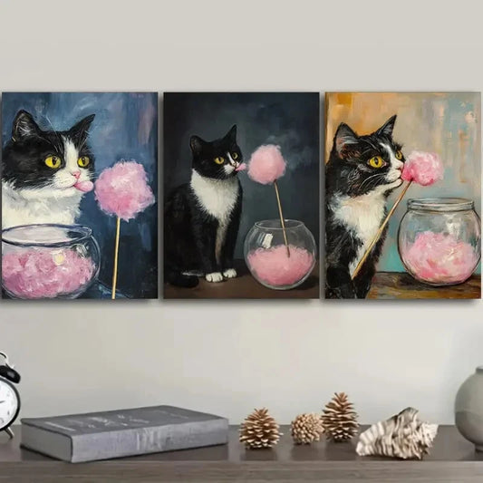 3pcs Kitty Eating Marshmallows Metal Print Ready to Hang Art