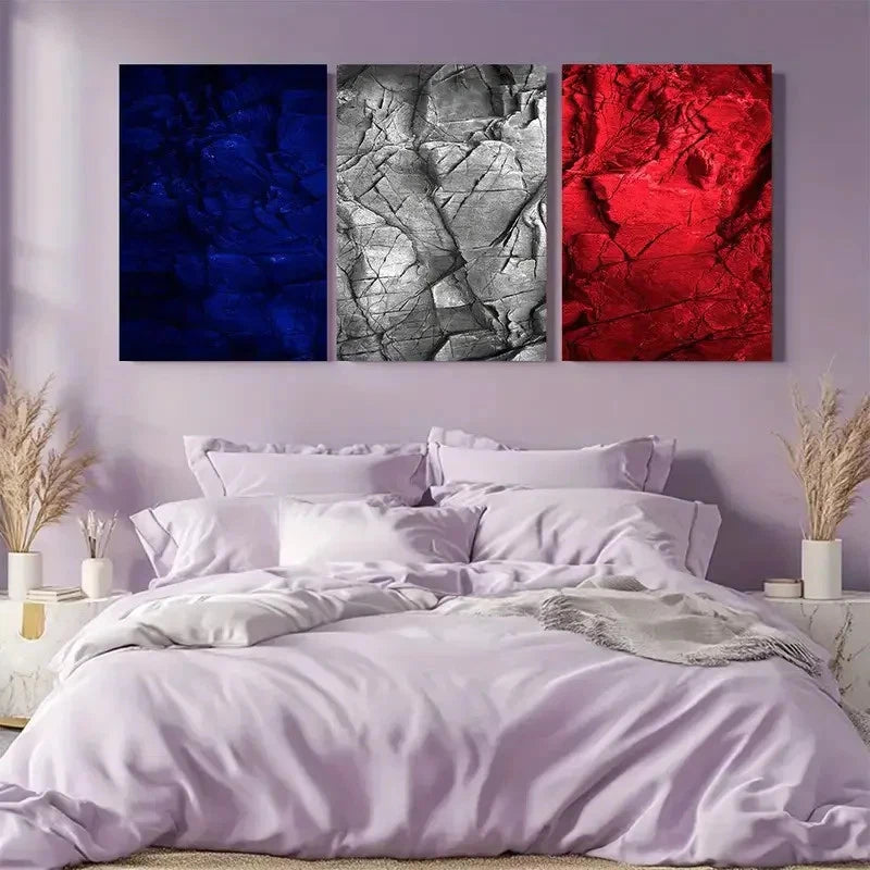 3pcs Vibrant Blue White & Red Marble Design Metal Print Ready to Hang Art