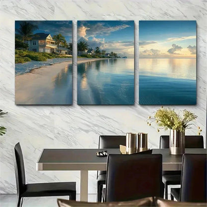 3pcs Serene Coastal Villas Canvas Lux Perfect Wall Art Set Canvas Framed 50x70cm - High Quality Print 100% Australian Made Wall Canvas Ready to Hang