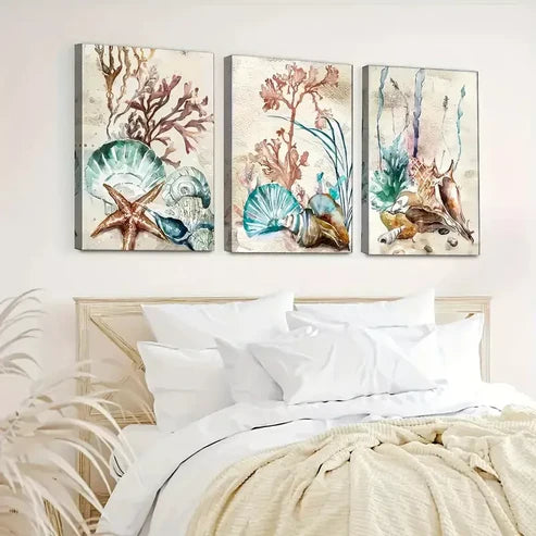 3pcs Underwater World with Seaweed, Starfish Wall Art Set Canvas Unframed - High Quality Print 100% Australian Made Wall Canvas