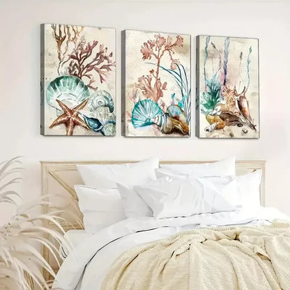 3pcs Underwater World with Seaweed, Starfish Wall Art Set Canvas Unframed - High Quality Print 100% Australian Made Wall Canvas