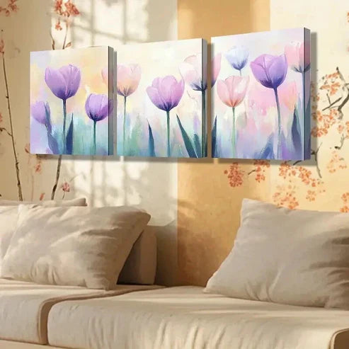 3pcs Vibrant Pink & Purple Tulips Decoration Wall Art Set Canvas Unframed - High Quality Print 100% Australian Made Wall Canvas